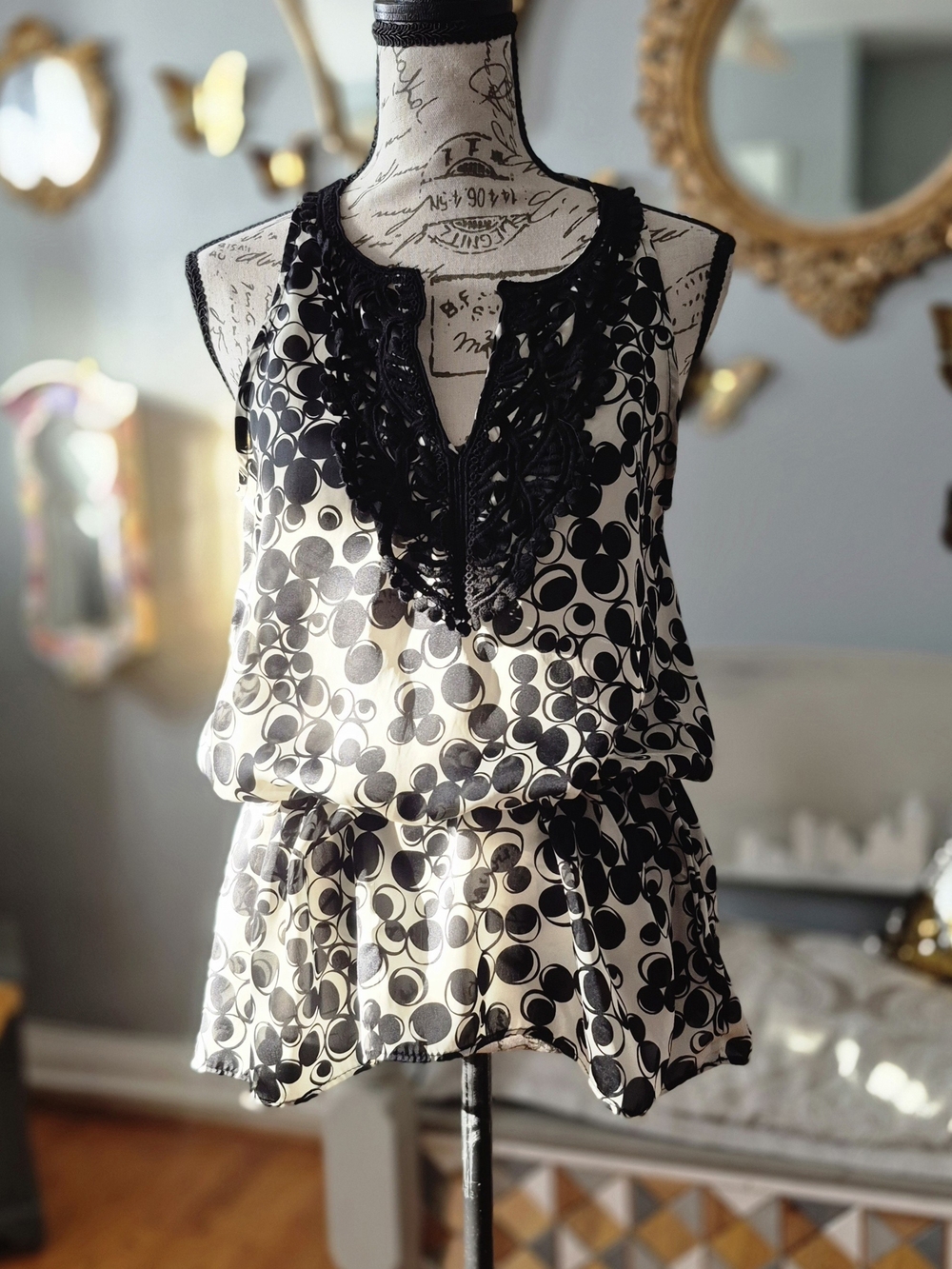 Sheer Y2K Polka Dot Lace-Trim Camisole in Black & White Small